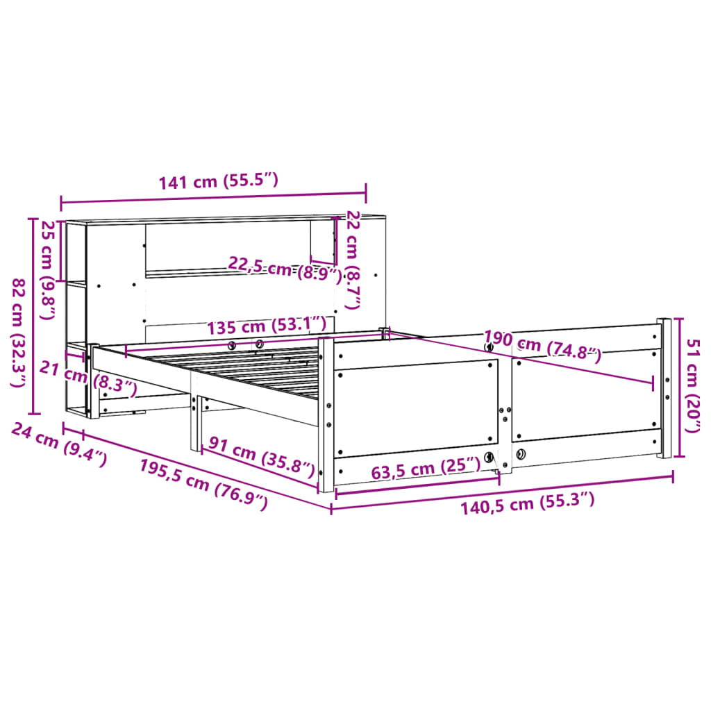 vidaXL Κρεβάτι Βιβλιοθήκη Χωρίς Στρώμα Λευκό 135x190 εκ Μασίφ Πεύκο