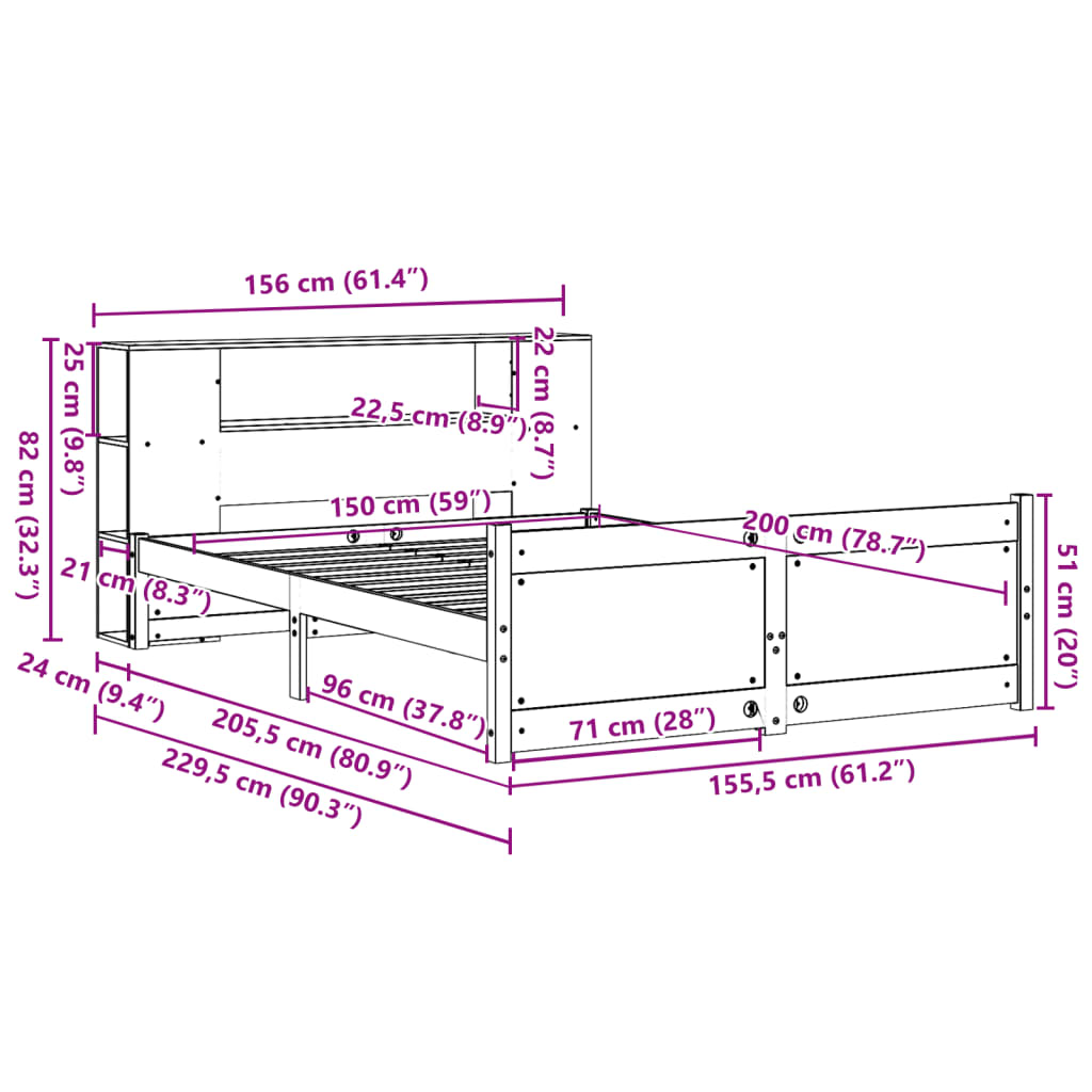 vidaXL Κρεβάτι Βιβλιοθήκη Χωρίς Στρώμα 150x200 εκ Μασίφ Ξύλο Πεύκου