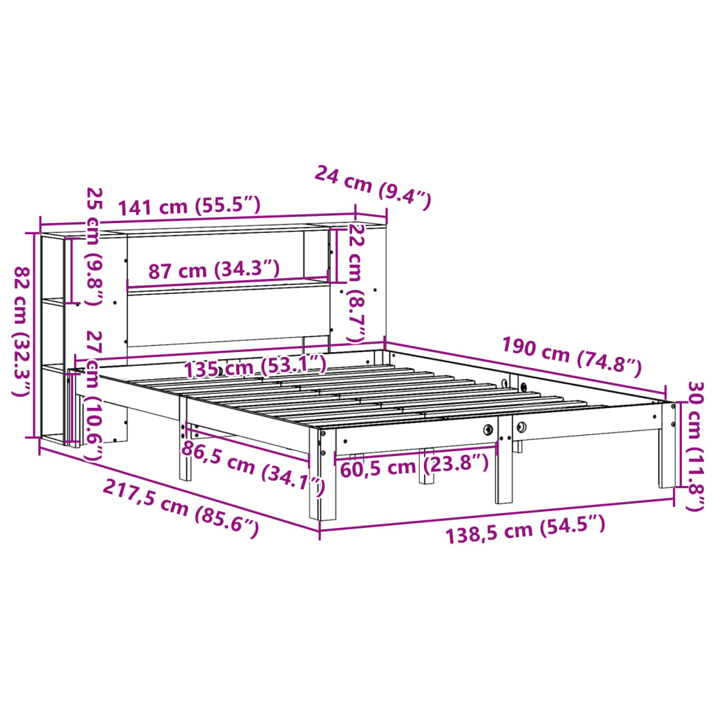 vidaXL Κρεβάτι Βιβλιοθήκη Χωρίς Στρώμα Λευκό 135x190 εκ Μασίφ Πεύκο