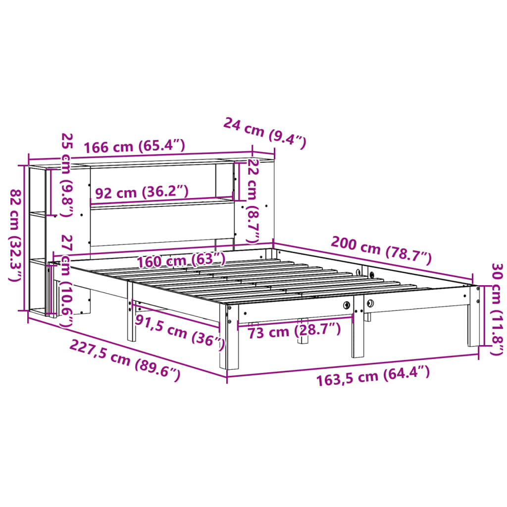 vidaXL Κρεβάτι Βιβλιοθήκη Χωρίς Στρώμα 160x200 εκ Μασίφ Ξύλο Πεύκου