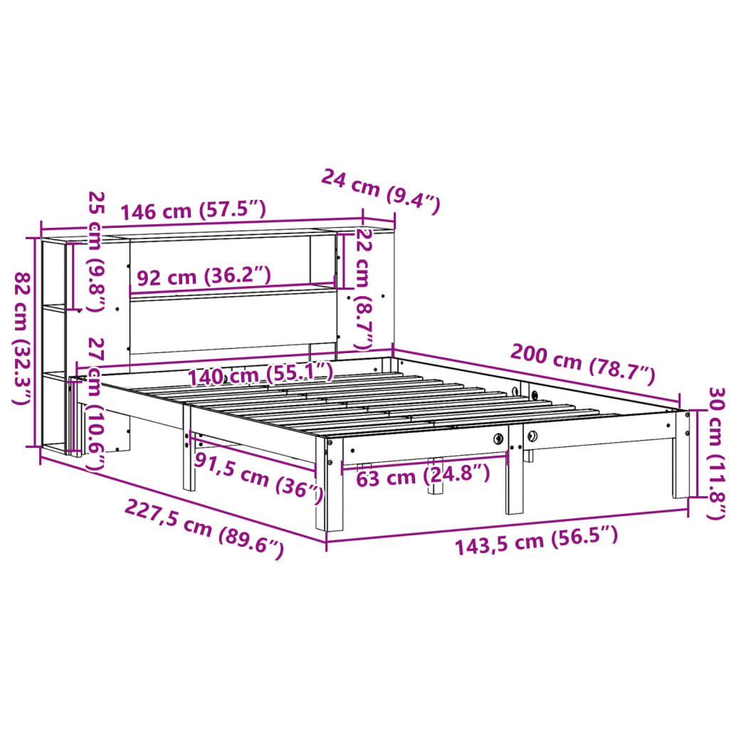 vidaXL Κρεβάτι Βιβλιοθήκη Χωρίς Στρώμα 140x200 εκ Μασίφ Ξύλο Πεύκου