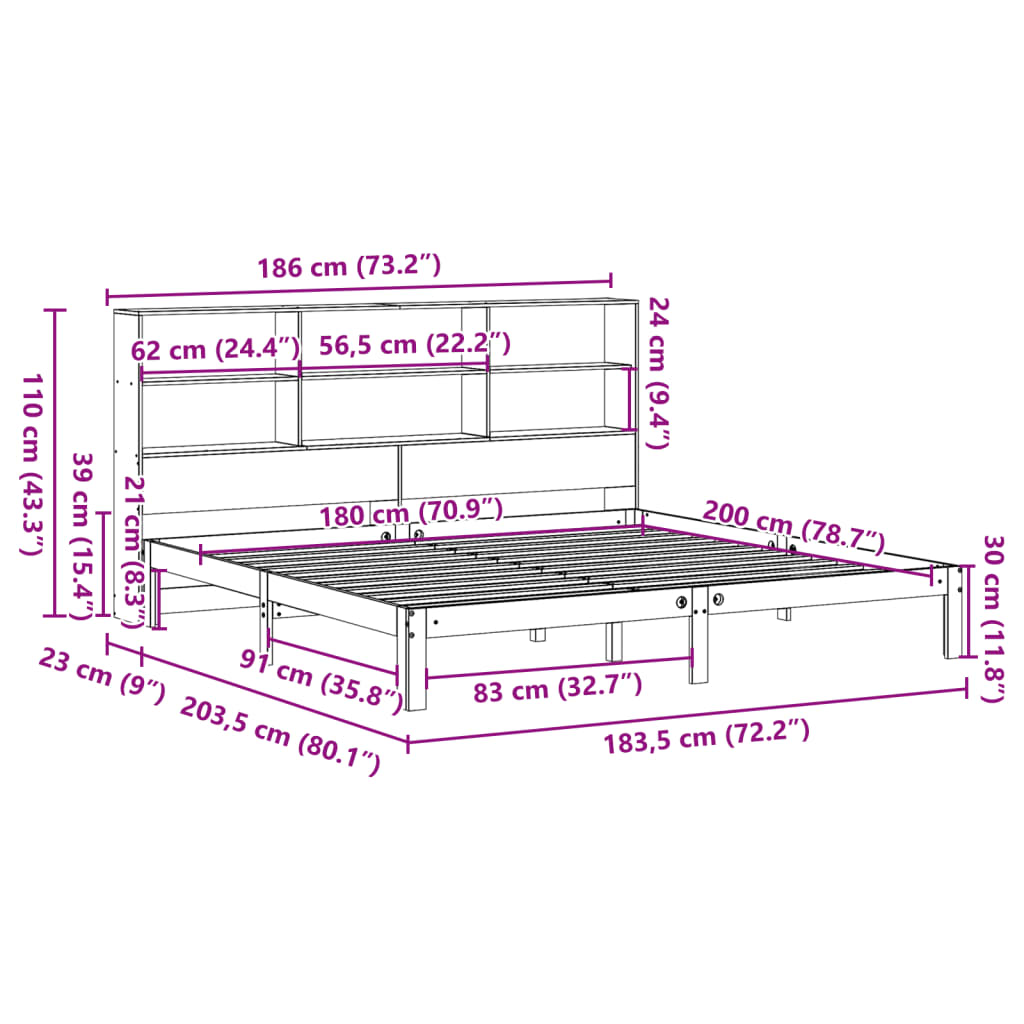 vidaXL Κρεβάτι Βιβλιοθήκη Χωρίς Στρώμα 180x200 εκ Μασίφ Ξύλο Πεύκου