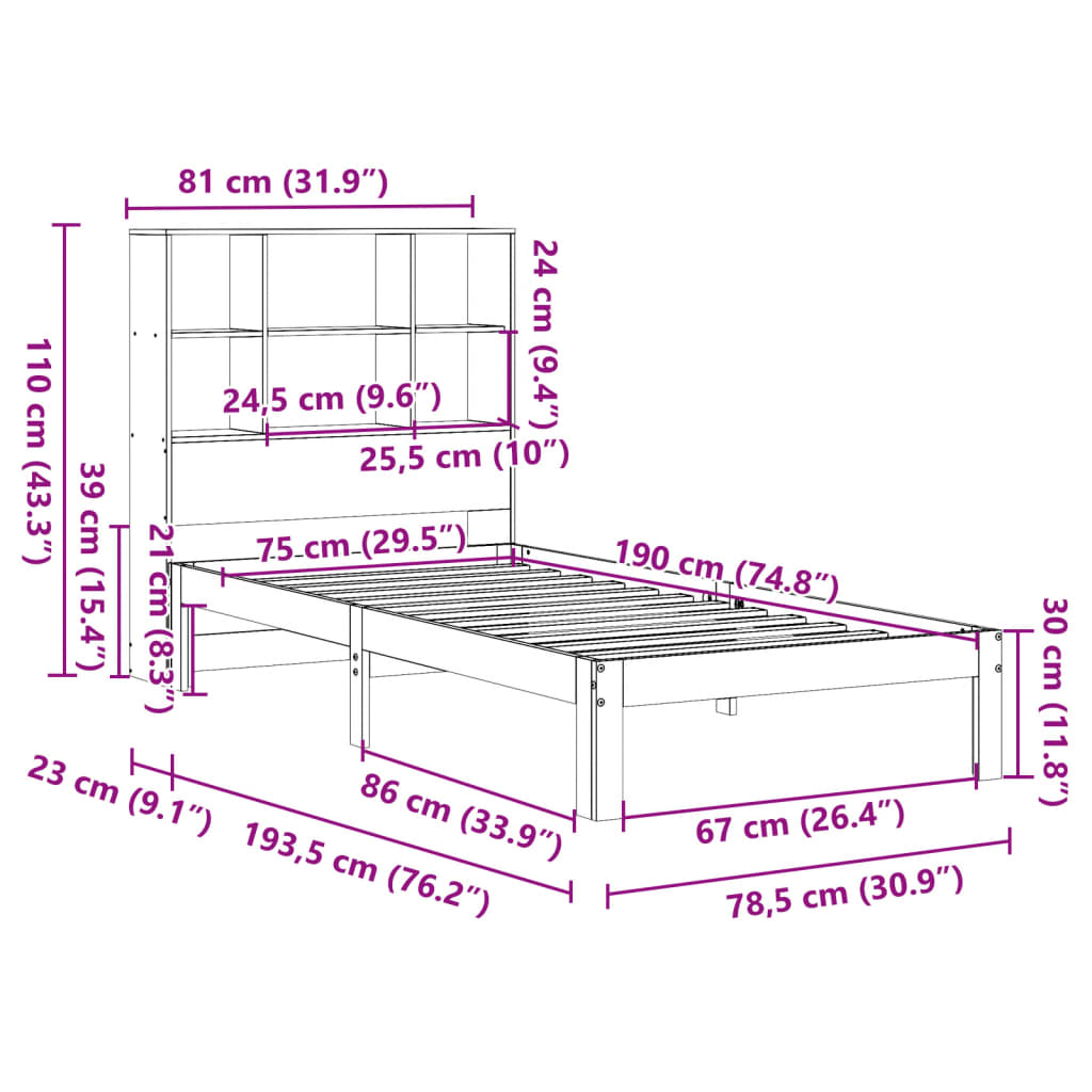 vidaXL Κρεβάτι Βιβλιοθήκη Χωρίς Στρώμα 75x190 εκ Μασίφ Ξύλο Πεύκου