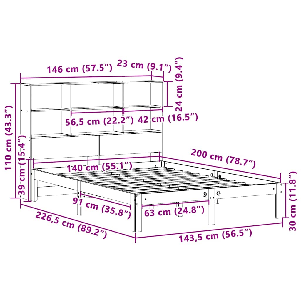 vidaXL Κρεβάτι Βιβλιοθήκη Χωρίς Στρώμα 140x200 εκ Μασίφ Ξύλο Πεύκου