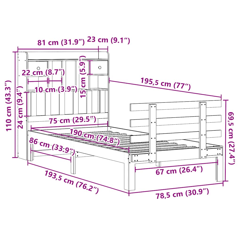 vidaXL Κρεβάτι Βιβλιοθήκη Χωρίς Στρώμα 75x190 εκ Μασίφ Ξύλο Πεύκο