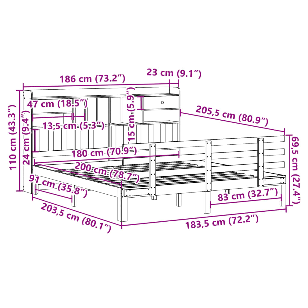 vidaXL Κρεβάτι Βιβλιοθήκη Χωρίς Στρώμα 180x200 εκ Μασίφ Ξύλο Πεύκου