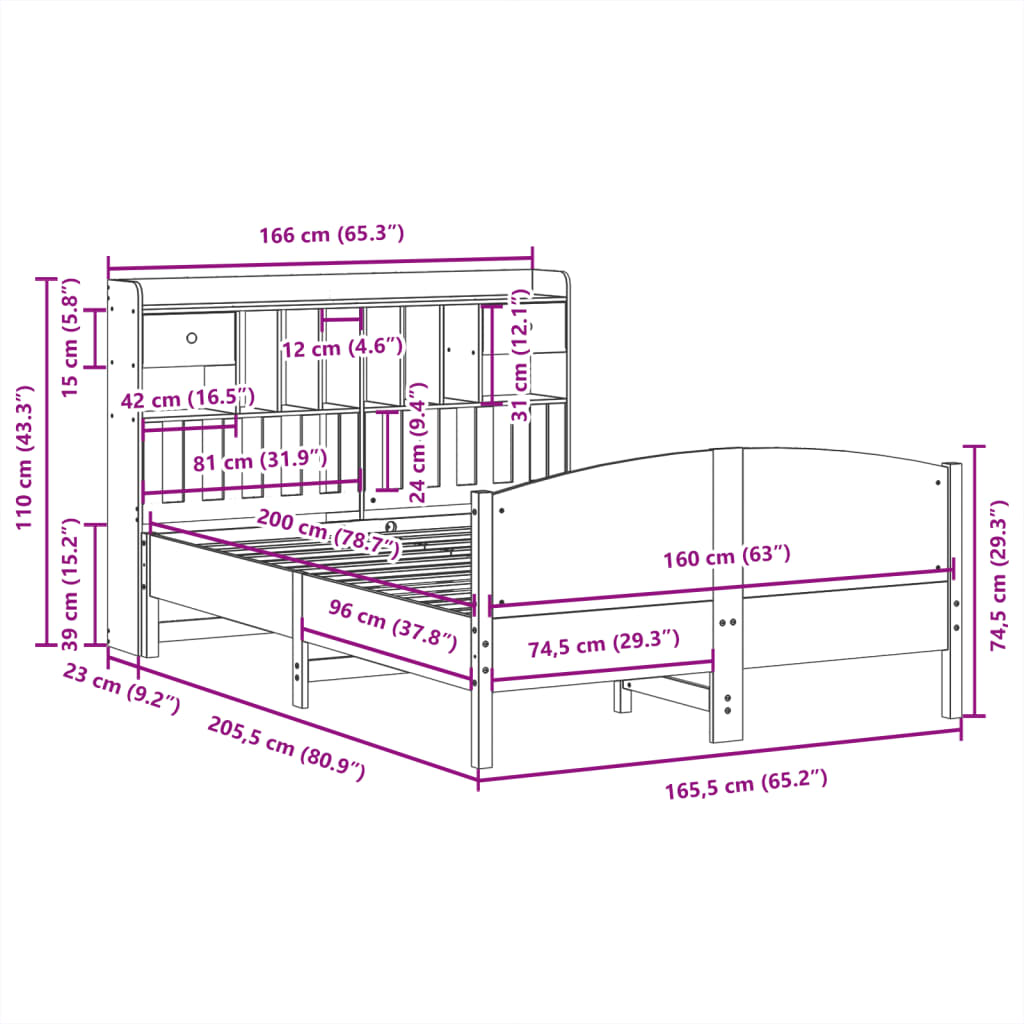 vidaXL Κρεβάτι Βιβλιοθήκη Χωρίς Στρώμα 160x200 εκ Μασίφ Ξύλο Πεύκου