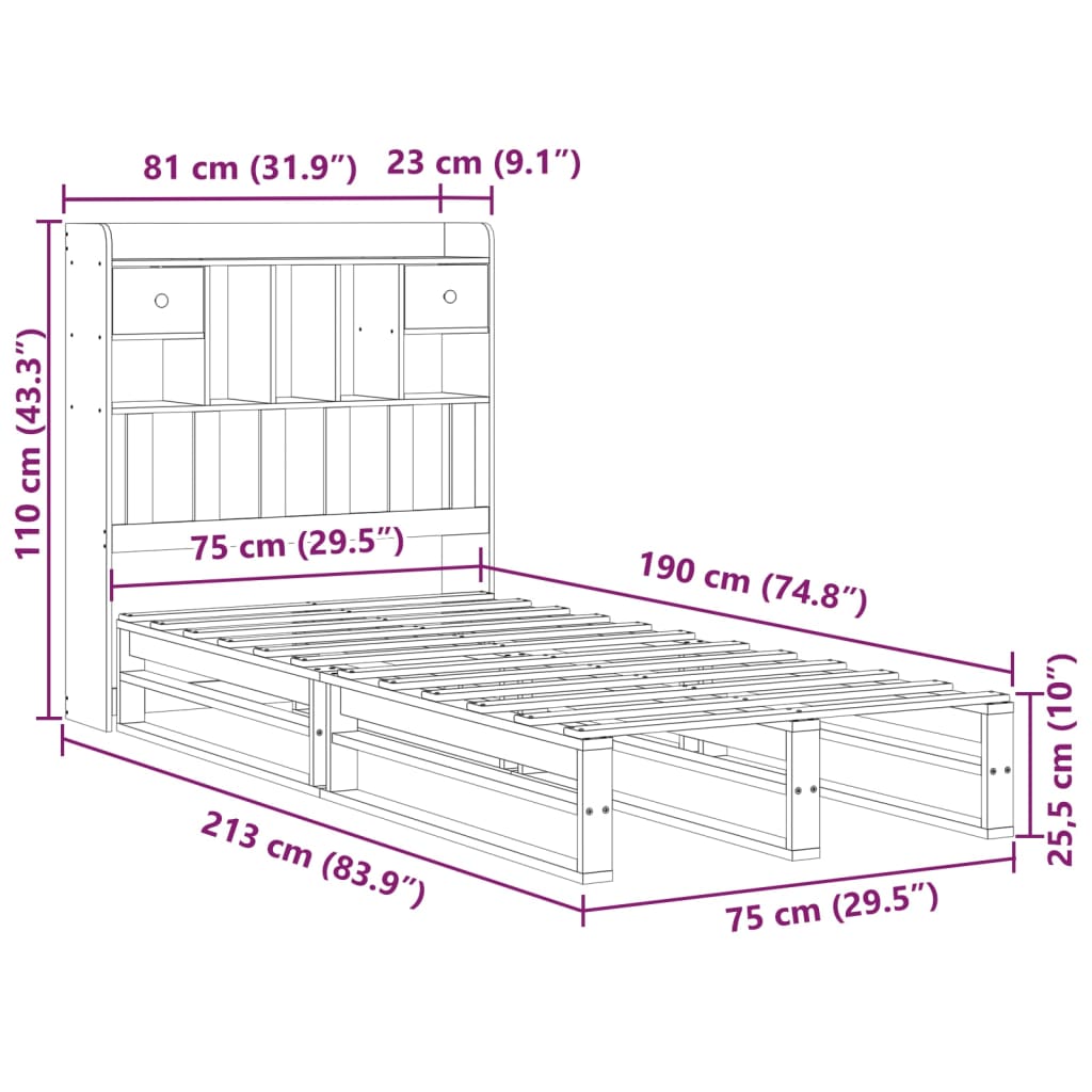vidaXL Κρεβάτι Βιβλιοθήκη Χωρίς Στρώμα 75x190 εκ Μασίφ Ξύλο Πεύκου