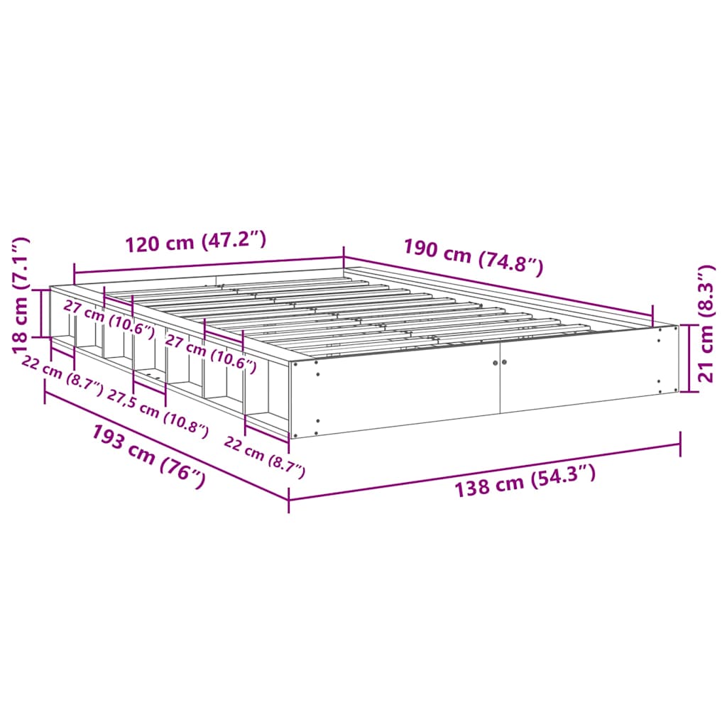 vidaXL Πλαίσιο κρεβατιού χωρίς στρώμα 120x190 cm μασίφ ξύλο δρυς