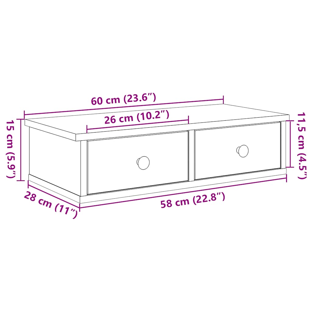 vidaXL Ράφι τοίχου με συρτάρια Μαύρο 60x28x15 cm Κατασκευασμένο ξύλο