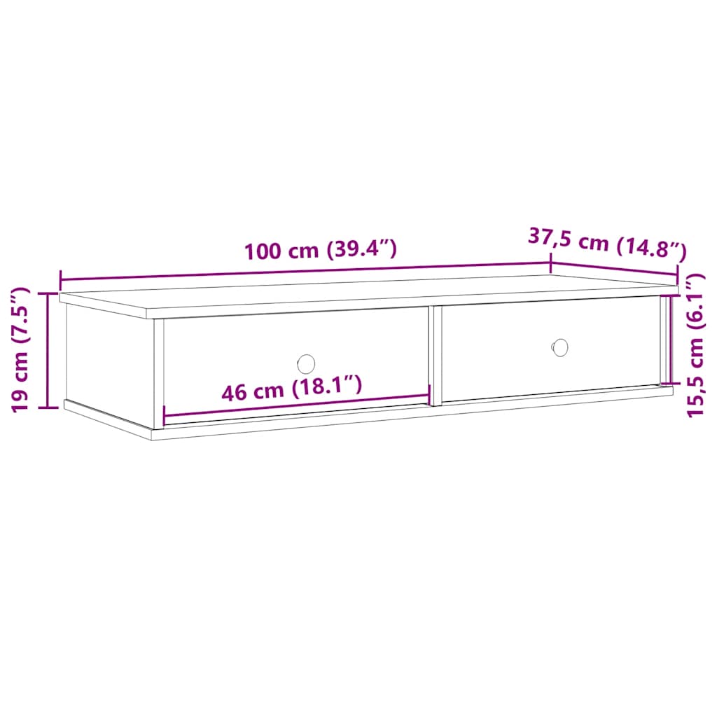 vidaXL Ράφι τοίχου με συρτάρια Γκρι μπετόν 100x37,5x19 cm Ξύλο μηχανής