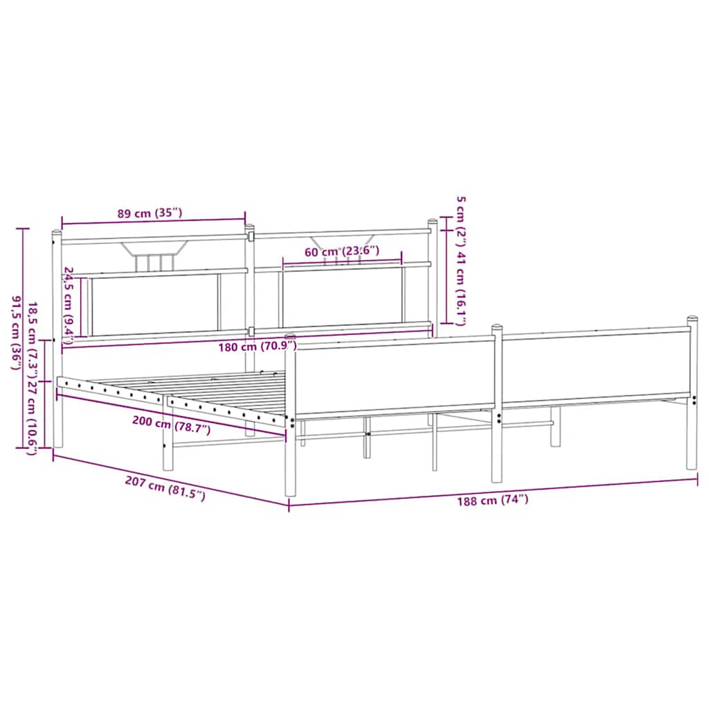 vidaXL Σκελετός Κρεβ. Χωρίς Στρώμα Καφέ Δρυς 180x200 εκ. Μεταλλικό