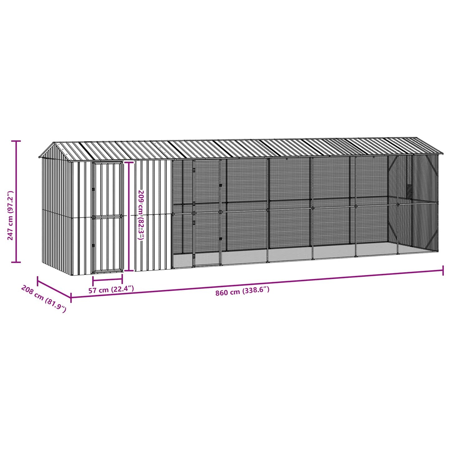 vidaXL Κλουβί πουλιών με πρόσθετο Ανθρακί 210x838x247 εκ Χάλυβας