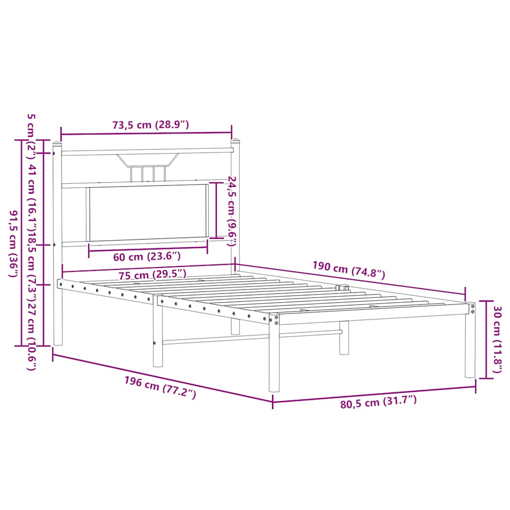 vidaXL Πλαίσιο Κρεβατιού Χωρ. Στρώμα Καφέ Δρυς 75x190εκ Επεξ. Ξύλο
