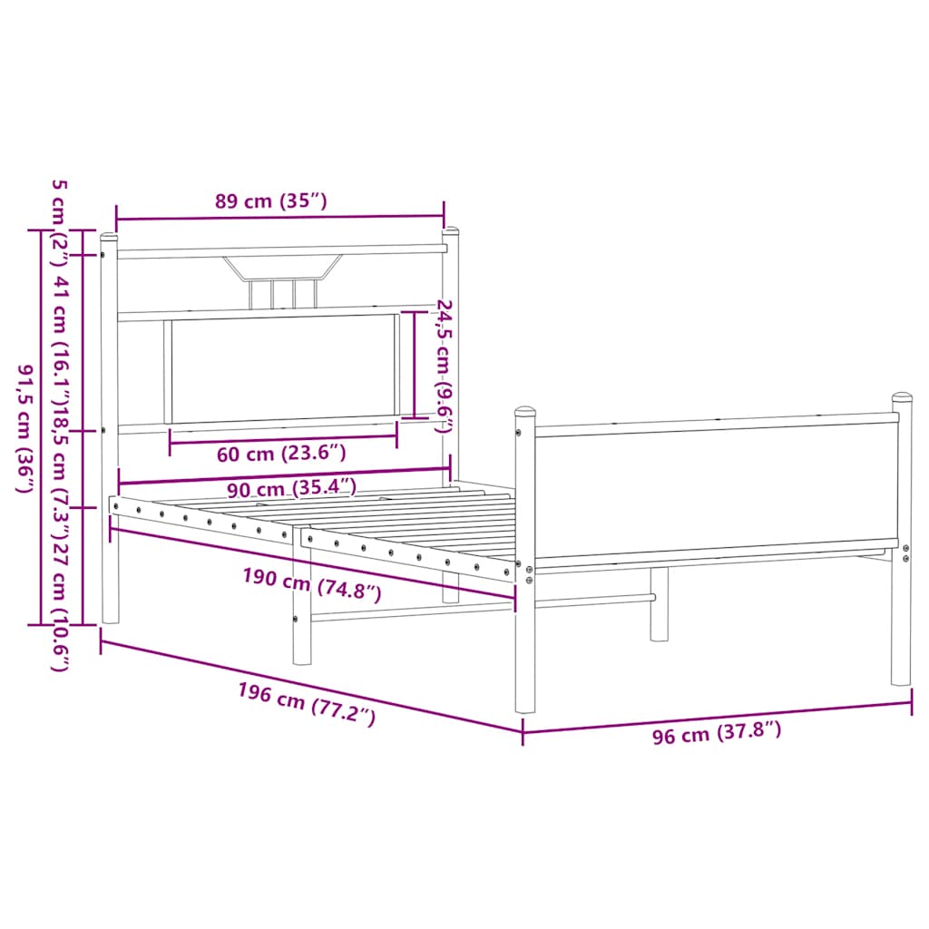vidaXL Πλαίσιο Κρεβ. Χωρ. Στρώμα Sonoma Δρυς 90 x 190 εκ. Επεξ. Ξύλο