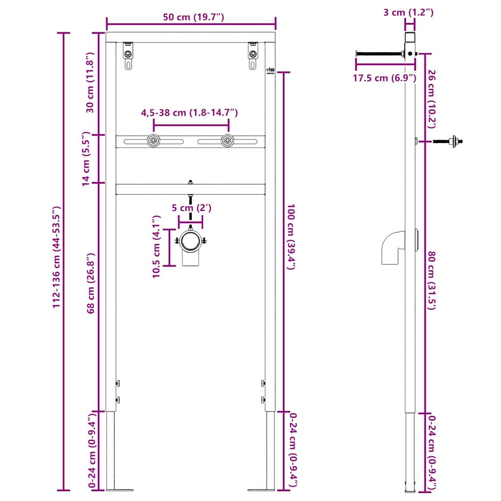 vidaXL Κρυφός Στήριγμα Τοίχου για Λεκάνη 50x112-136 εκ. Χάλυβας