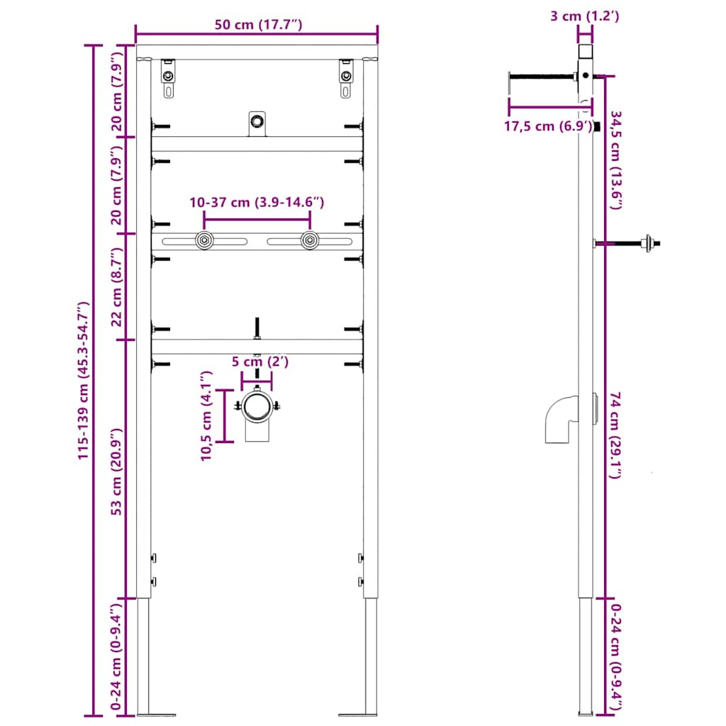 vidaXL Κρυφή Στήριξη για Ουρητήριο 50x115-139 εκ Ατσάλι