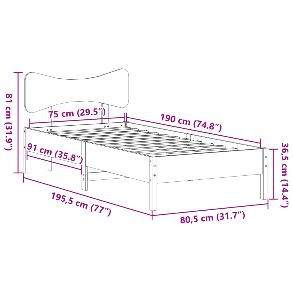vidaXL Σκελετός Κρεβ. Χωρίς Στρώμα Λευκό 75x190 εκ Μασίφ Πεύκο