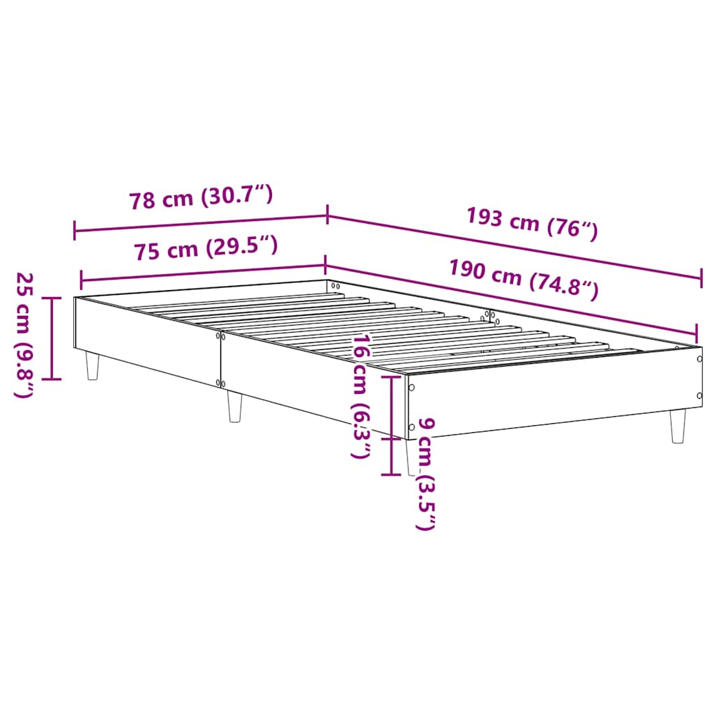 vidaXL Πλαίσιο κρεβατιού χωρίς στρώμα Grey Sonoma 75x190 cm