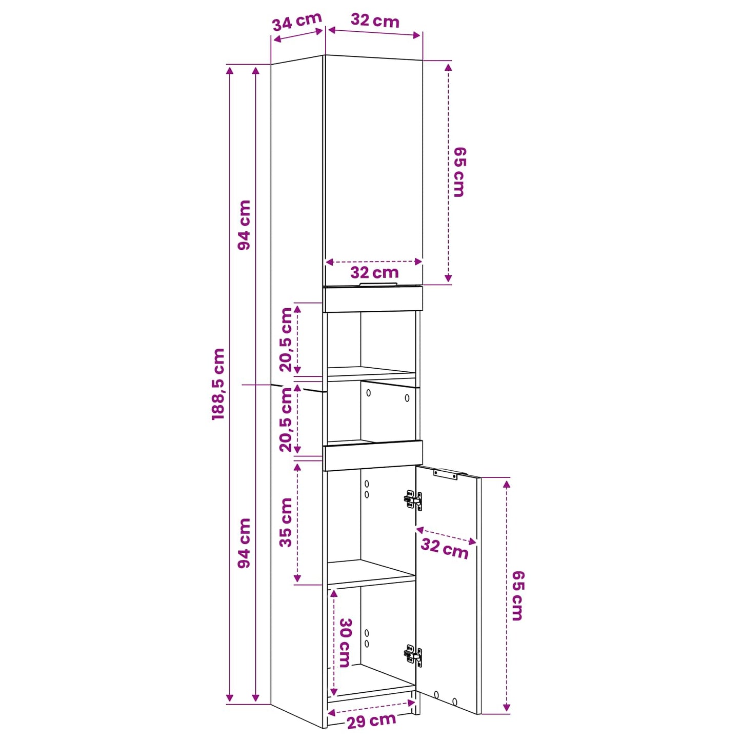 vidaXL Ντουλάπι Μπάνιου με ράφι Μαύρη δρυς 32 x 34 x 188,5 εκ.