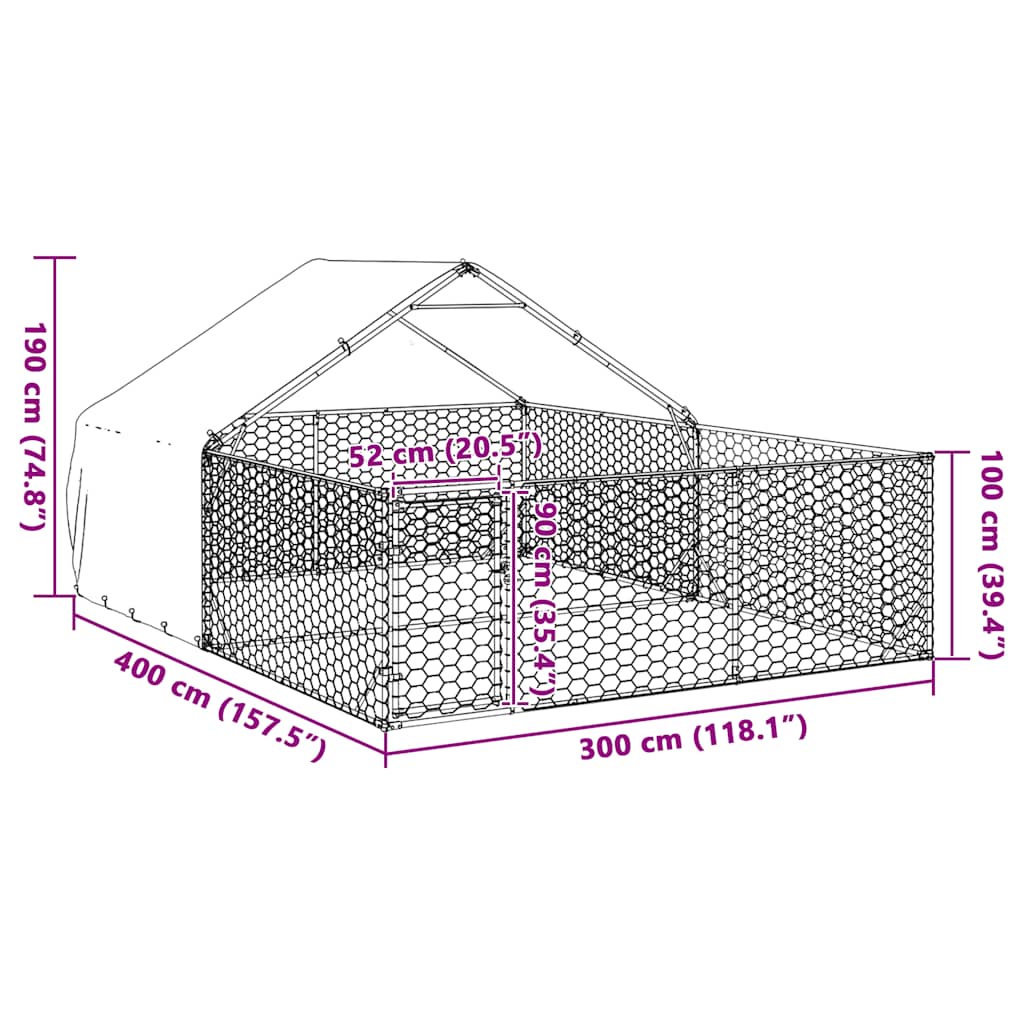 vidaXL Κλουβί Σκύλου Εξωτερ. Χώρου με τρεχάλα 4x3x1,9μ. Γαλβαν. Ατσάλι