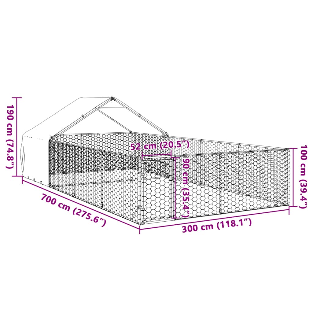vidaXL Κλουβί Σκύλου Εξωτερ. Χώρου με τρεχάλα 7x3x1,9μ. Γαλβαν. Ατσάλι