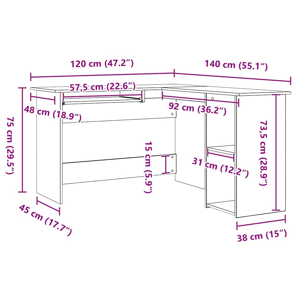 vidaXL Γωνιακό γραφείο Μαύρη Οξυά 120 x 140 x 75 εκ Επεξεργασμένο ξύλο
