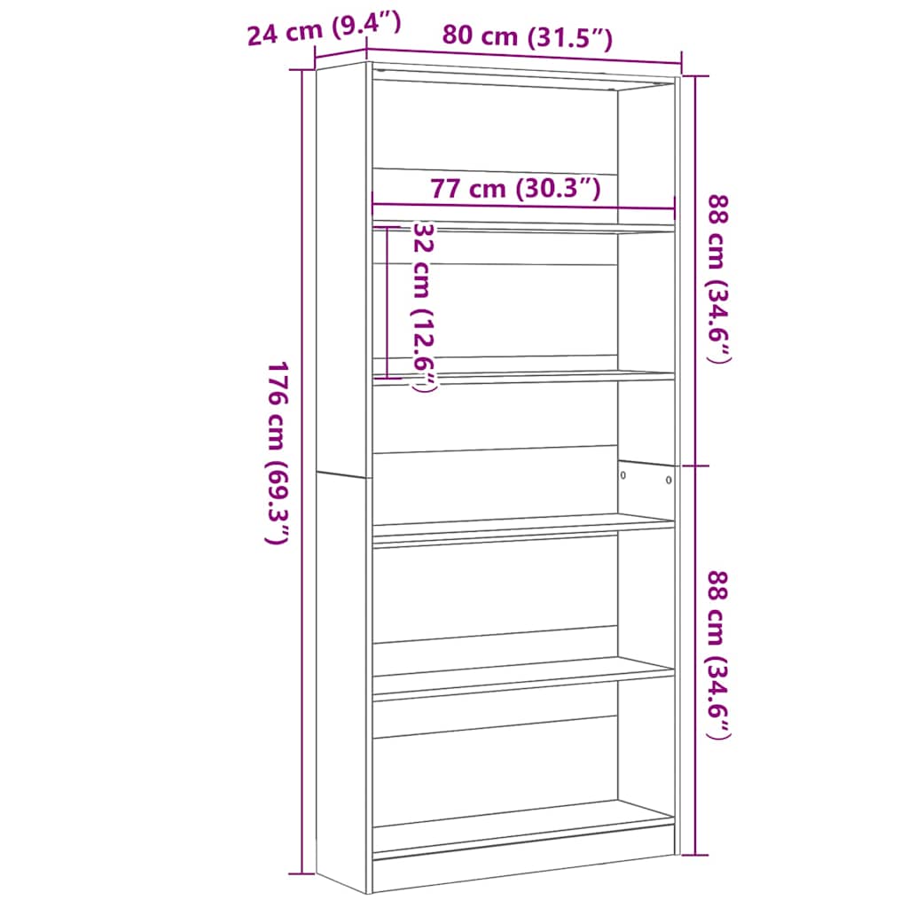 vidaXL Βιβλιοθήκη Μαύρη Δρυς 80x24x176 εκ. από Επεξεργασμένο Ξύλο