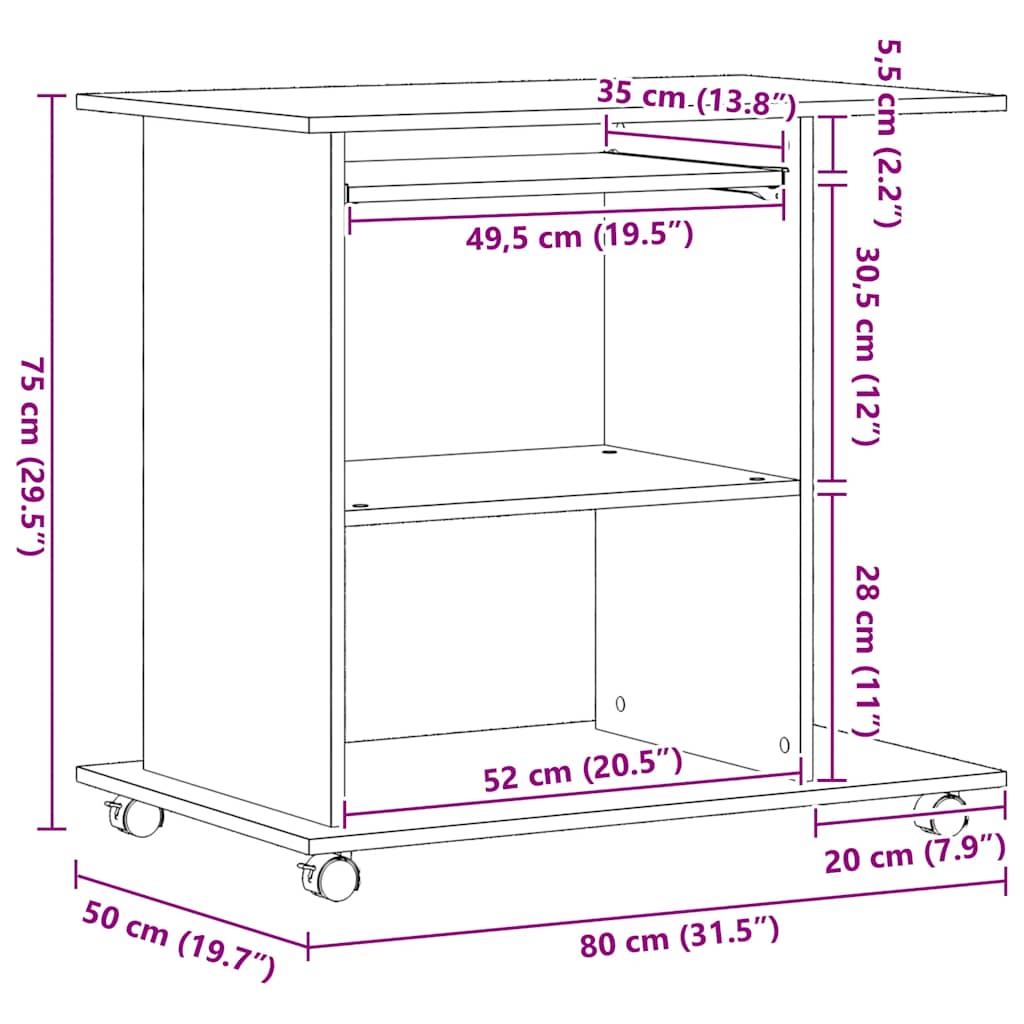 vidaXL Γραφείο Υπολογιστή Μαύρη Δρυς 80x50x75 εκ. από Τεχνητό Ξύλο