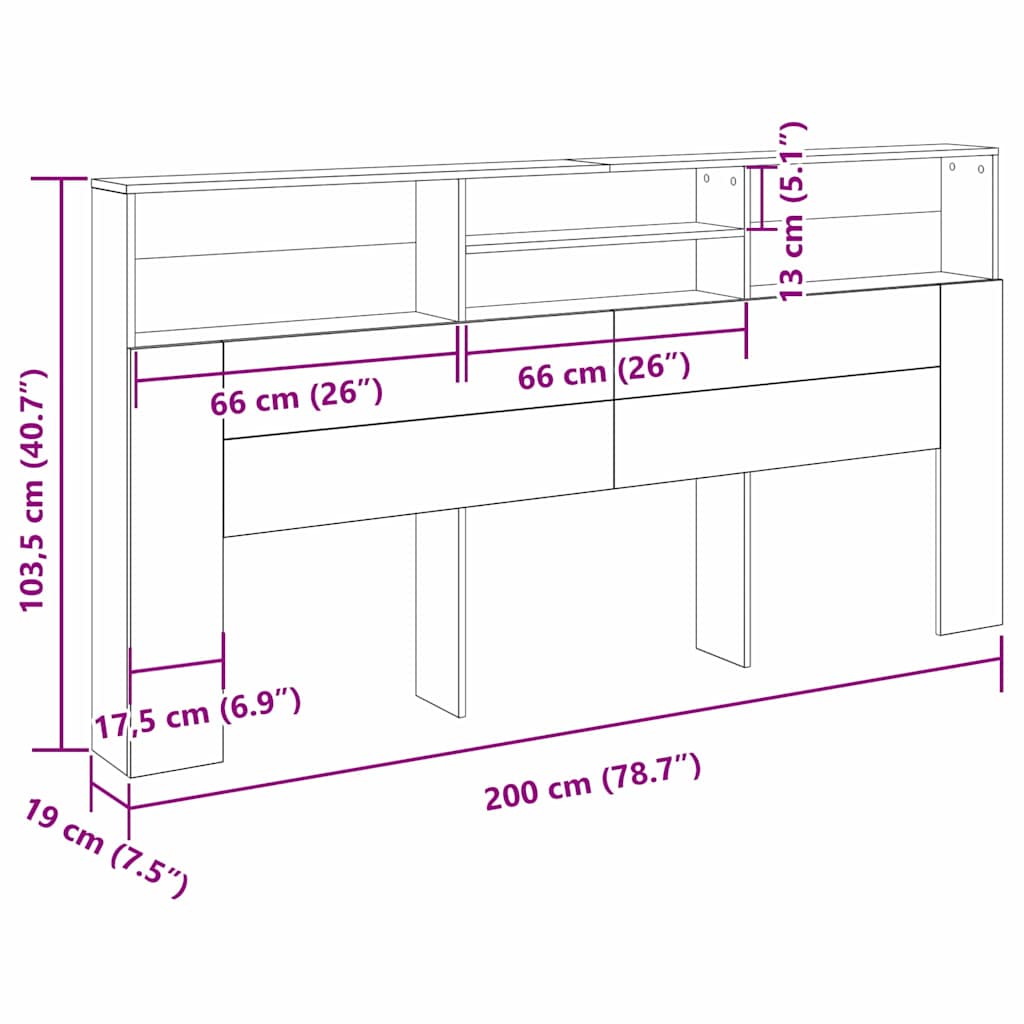 vidaXL Κρεβάτι με Κεφαλάρι με ράφι Μαύρη δρυς 200 x 19 x 103.5 cm