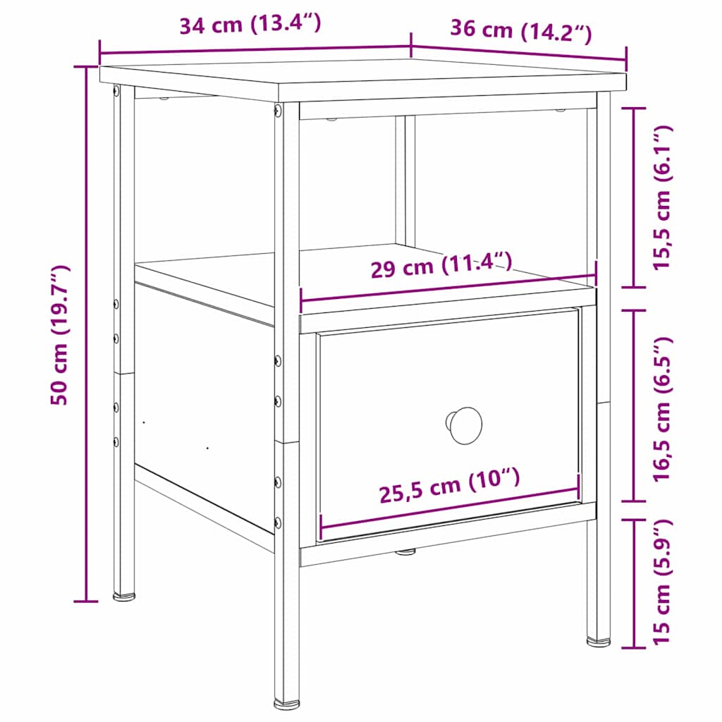 vidaXL Κομοδίνο 2 pcs Μαύρη Οξυά 34 x 36 x 50 εκ Επεξεργασμένο ξύλο