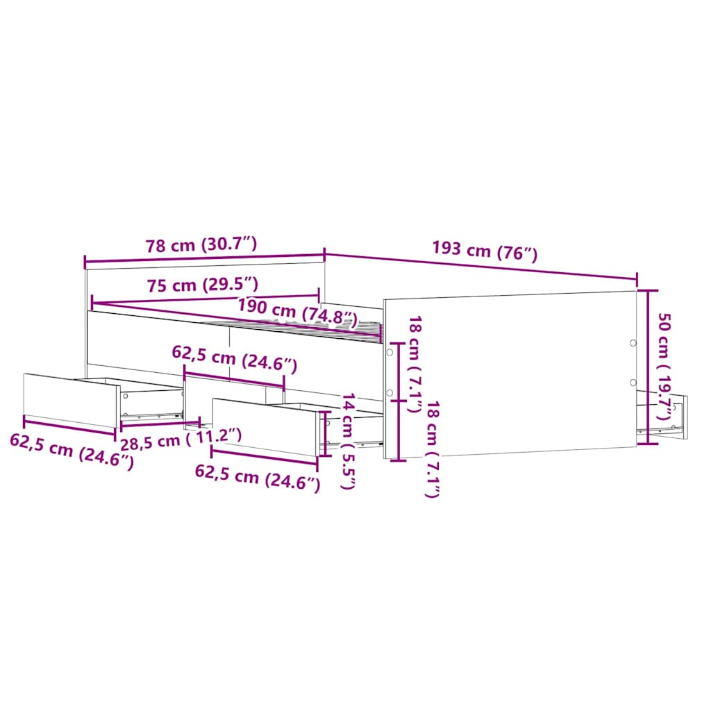 vidaXL Κρεβάτι χωρίς Στρώμα Μαύρη Δρυς 75x190 εκ Επεξεργασμένο Ξύλο