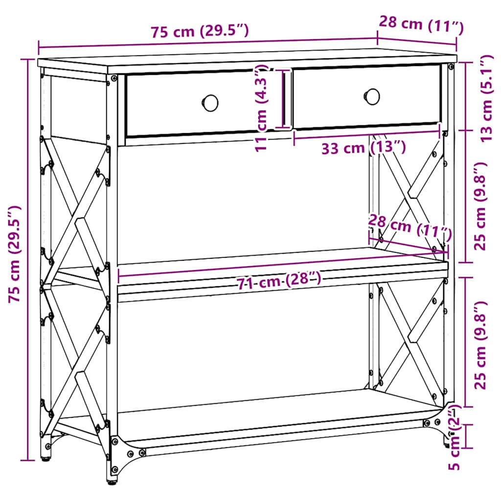 vidaXL Κονσόλα Τραπέζι με συρτάρι με ράφι artisan δρυς 75 x 28 x 75 εκ