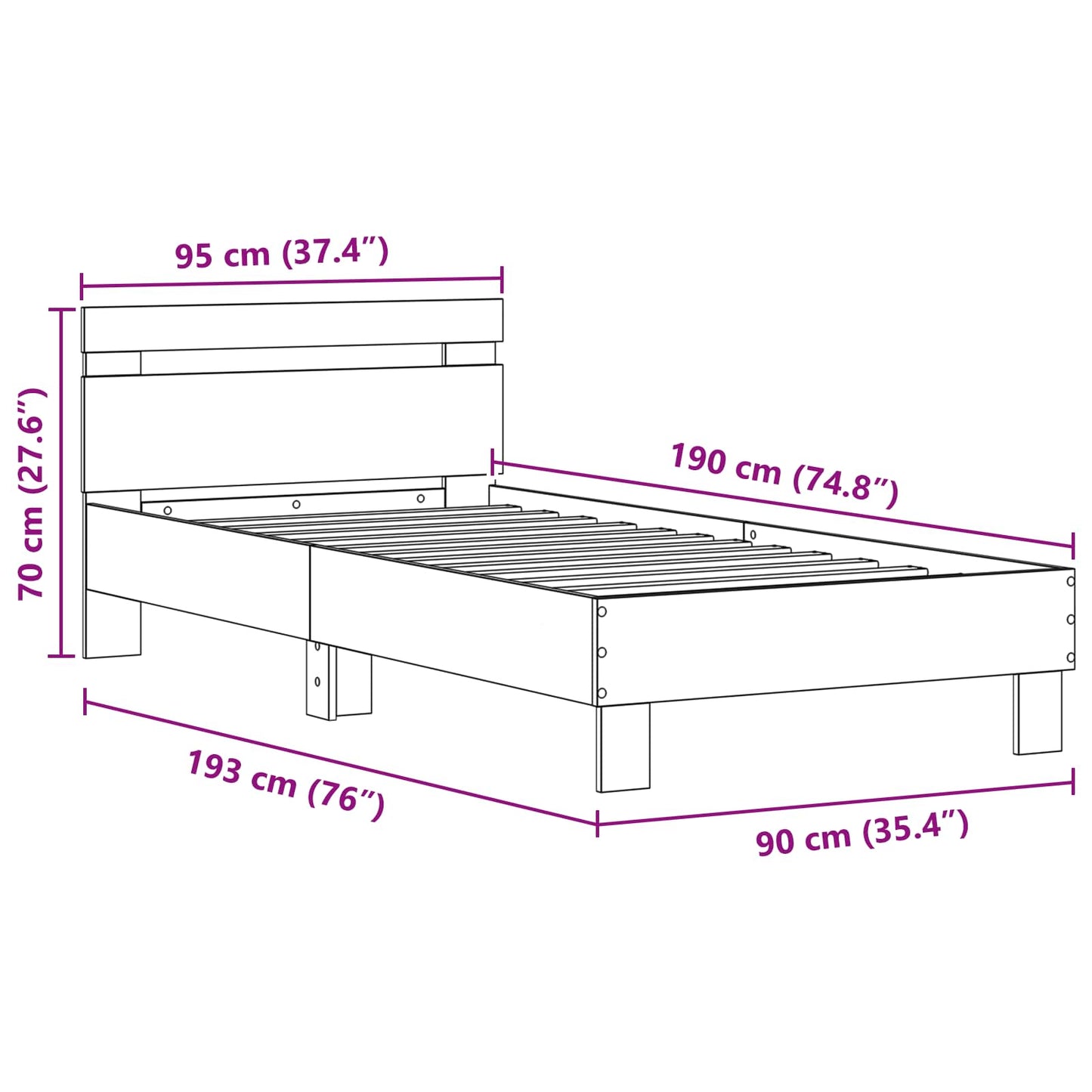 vidaXL Σκελετός Κρεβατιού Παλιό ξύλο 90 x 190 cm Επεξεργασμένο Ξύλο