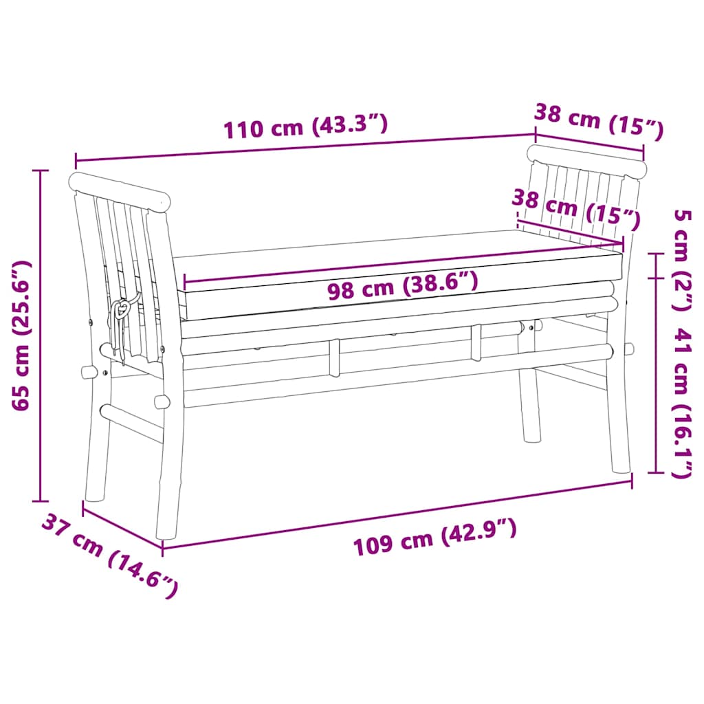 vidaXL Παγκάκι κήπου με μαξιλάρι Καφέ 110 x 38 x 65εκ Μπαμπού