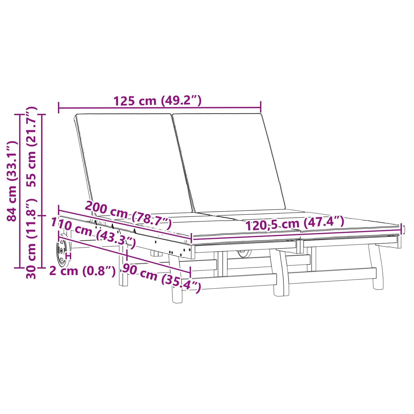 vidaXL Ξαπλώστρα Καφέ 125 x 200 x 84 εκ Στερεό Ξύλο Ακακίας