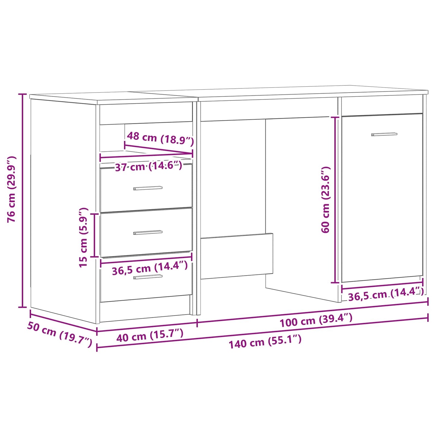 vidaXL Γραφείο 2 pcs Μαύρη δρυς 140 x 50 x 76 εκ. Επεξεργασμένο ξύλο