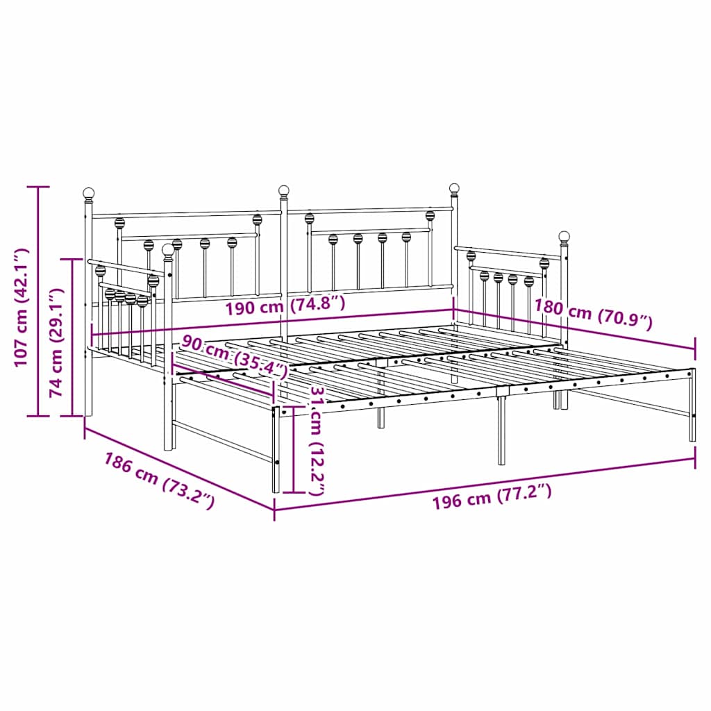 vidaXL Σκελετός κρεβατιού ημέρας Μαύρο 90 x 190 cm Ατσάλι