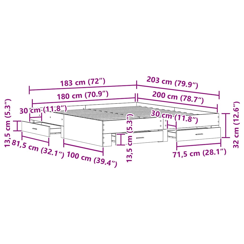 vidaXL Κρεβάτι με Συρτάρια Μαύρη Δρυς 180x200 εκ Επεξεργασμένο Ξύλο