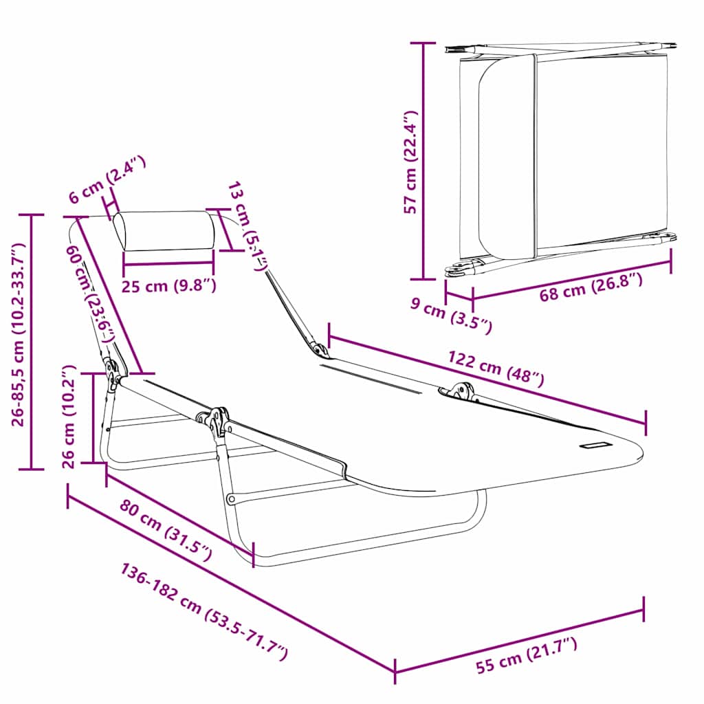 vidaXL Πτυσσόμενη ξαπλώστρα Μαύρο 182 x 55 x 85,5 εκ Textilene
