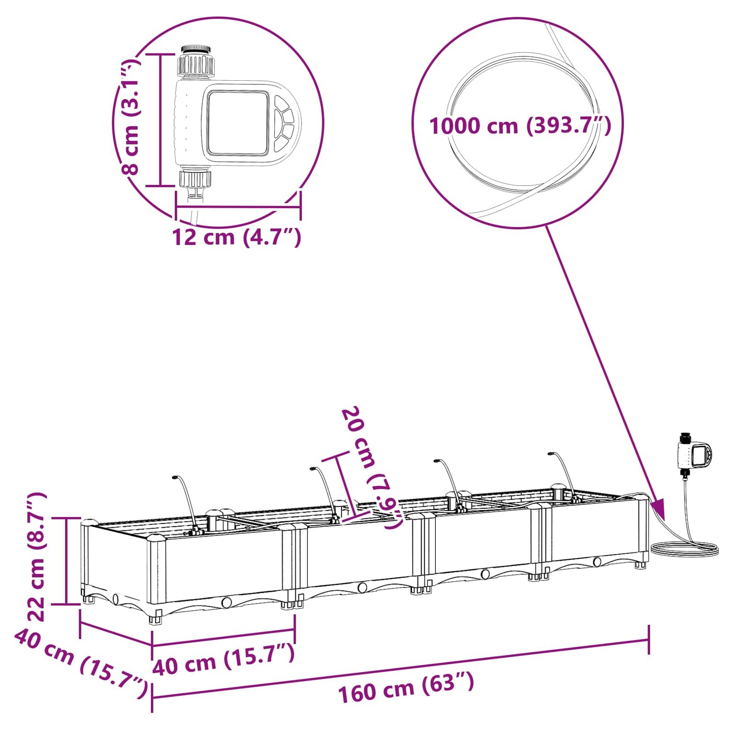 vidaXL Γλάστρα Κήπου 4 pcs Γκρι 160 x 40 x 22 cm Πλαστικό