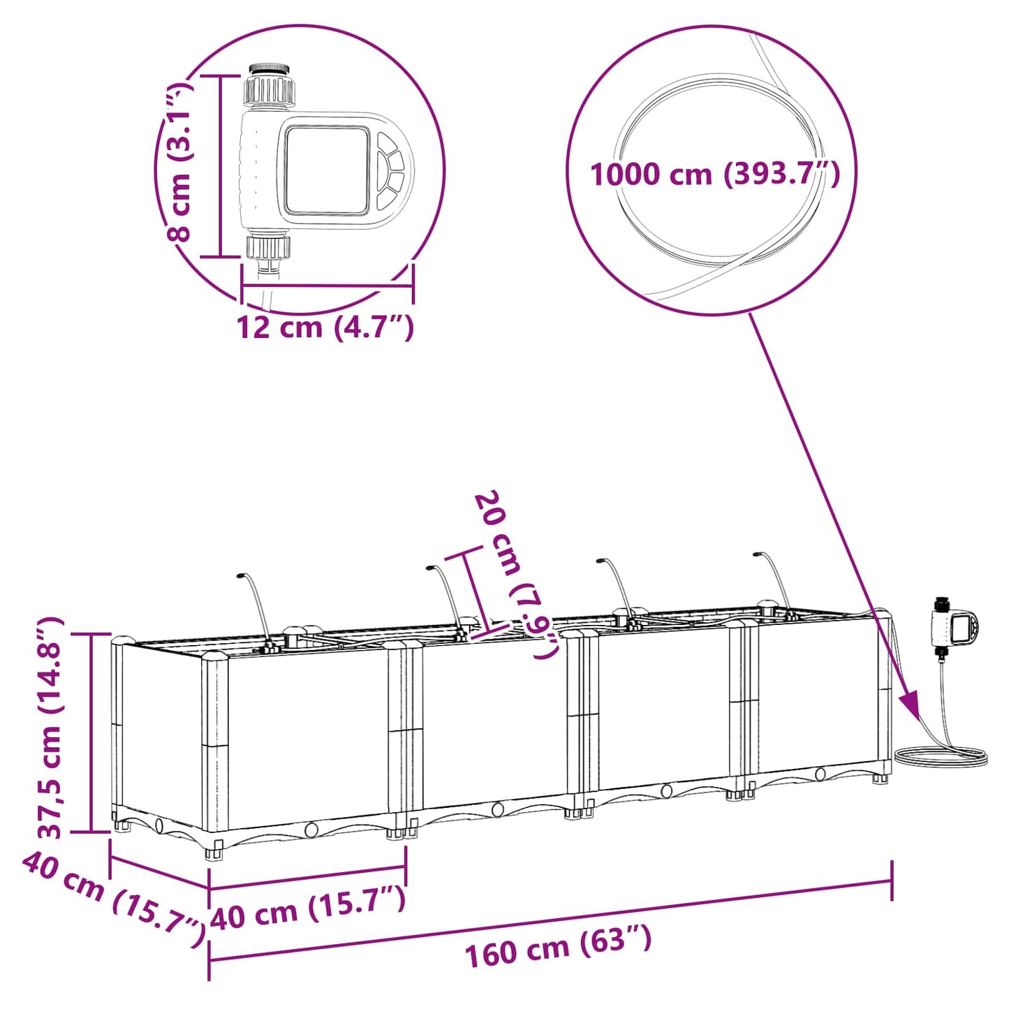 vidaXL Ζαρντινιέρες κήπου Γκρι 160 x 40 x 37.5 cm Ατσάλι