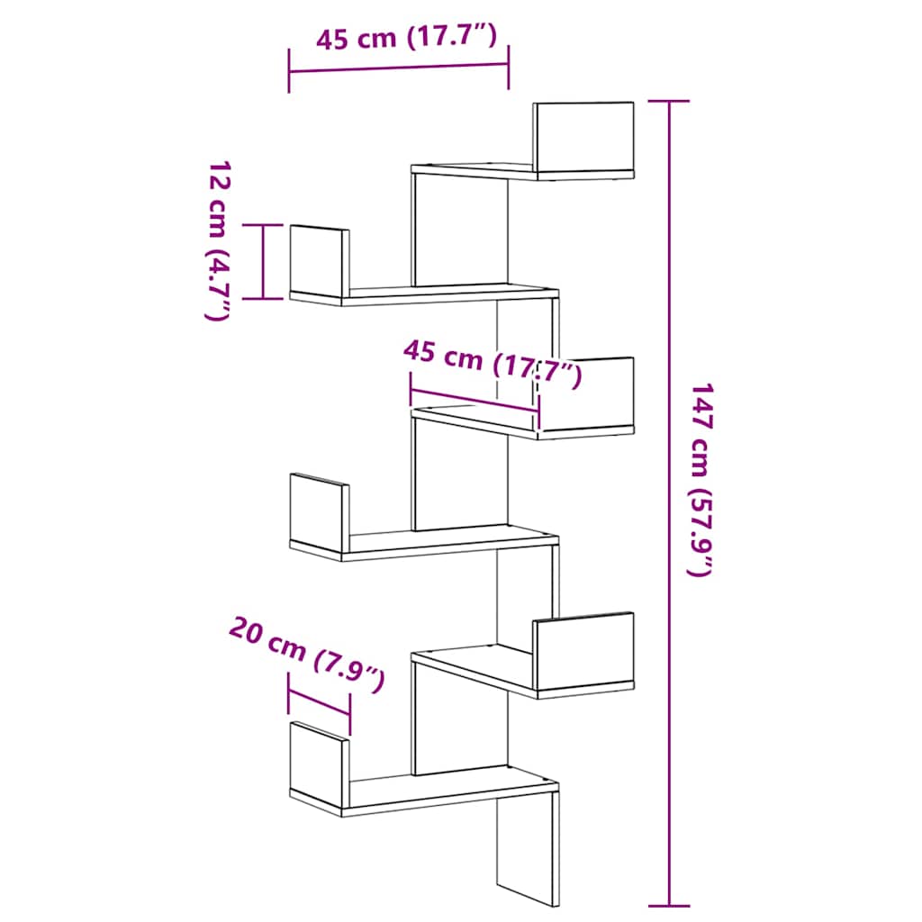vidaXL Ράφι Γωνίας Τοίχου με ράφι Μαύρη Οξυά 45 x 45 x 147 cm
