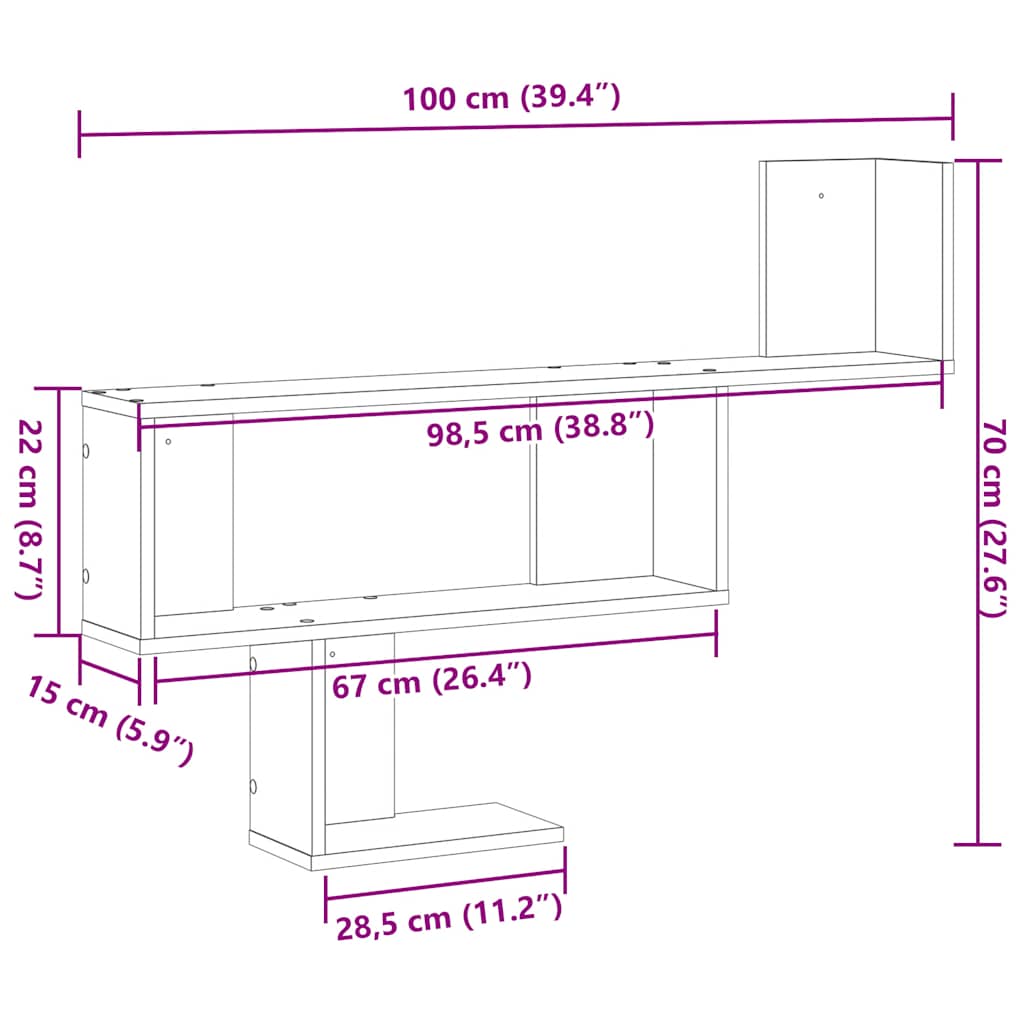 vidaXL Ράφι Τοίχου Μαύρη Δρυς 100x15x70 εκ. από Τεχνητό Ξύλο