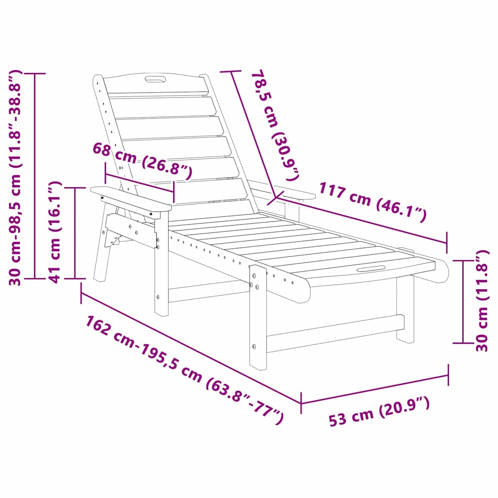 vidaXL Ξαπλώστρα Μαύρο 195,5 x 53 x 98,5 εκ HDPE