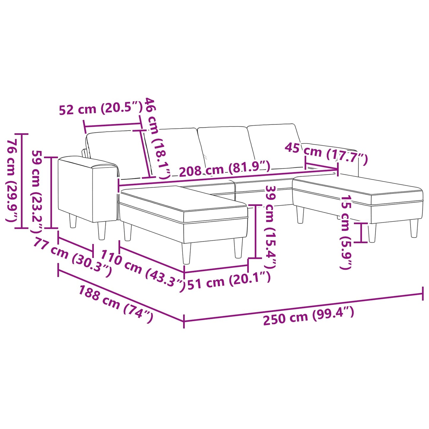 vidaXL Καναπές Ανοιχτό γκρι 250 x 188 x 76 εκ. Υφασμάτινο Κορντουρά