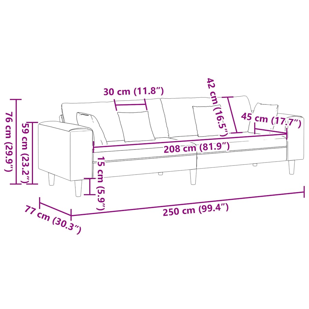 vidaXL Καναπές Τιρκουάζ 250 x 77 x 76 εκ. Βελούδο