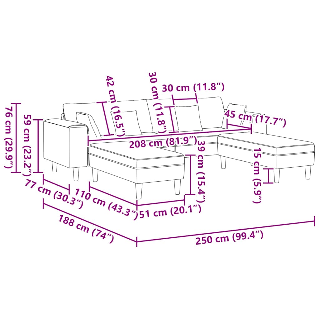 vidaXL Βελούδινος καναπές με μαξιλάρι με μαξιλάρι 3 pcs Μαύρο 208 εκ. Βελούδο