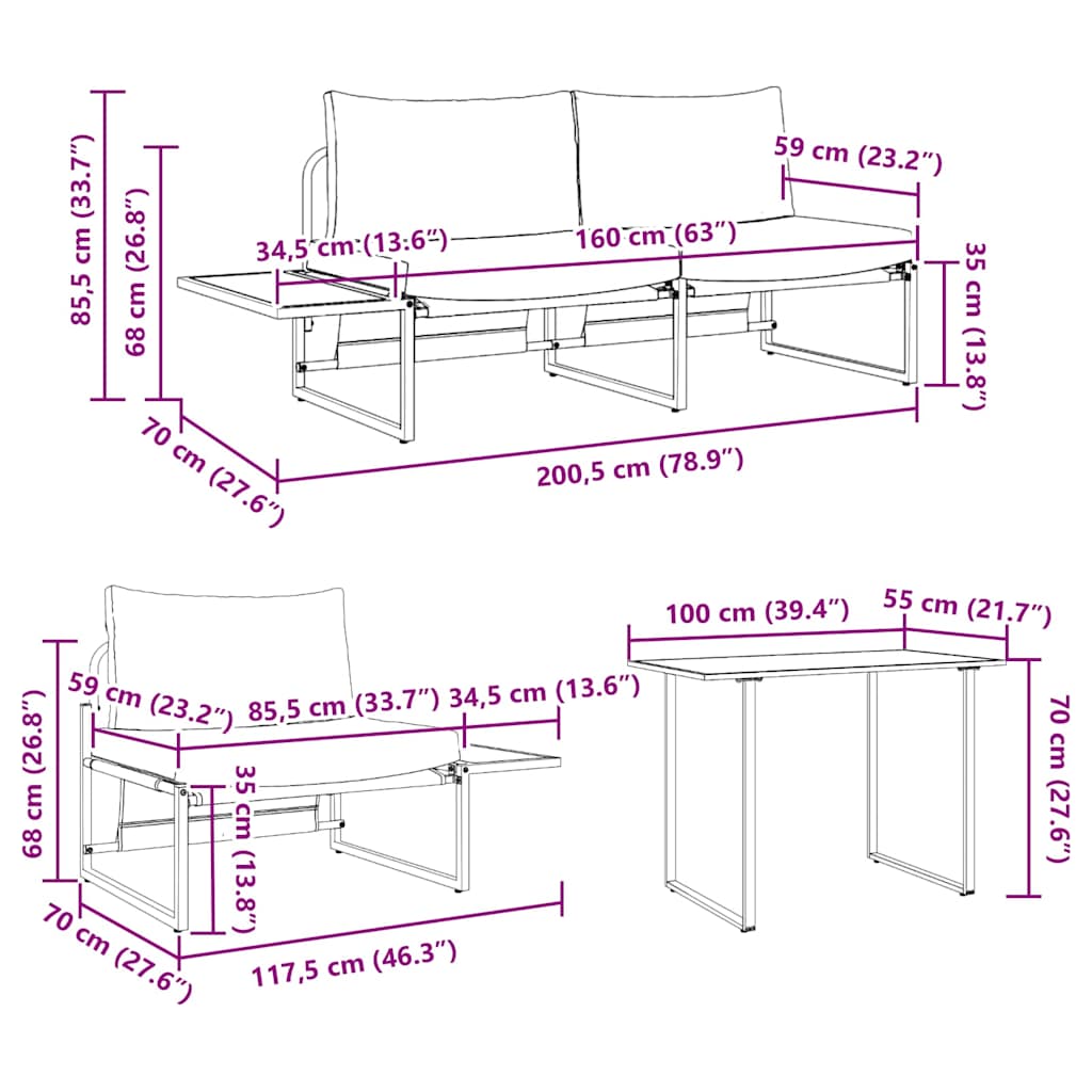 vidaXL Σέτ φαγητού για κήπο 3 pcs Ανοιχτό γκρι Ατσάλι