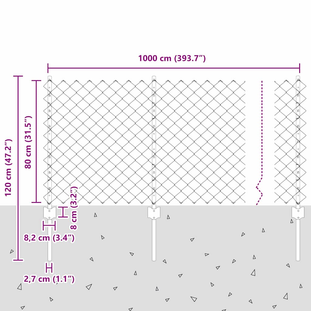 vidaXL Φράχτης αλυσίδας με στήλη 10 x 0,8 μ Γαλβανισμένος Χάλυβας
